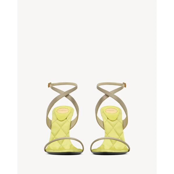 Multicolour Saint Laurent Ivresse Sandals in Satin Crepe and Crystals, Lemon Green and Peridot, view 3 | Sandals
