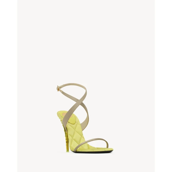 Multicolour Saint Laurent Ivresse Sandals in Satin Crepe and Crystals, Lemon Green and Peridot, view 4 | Sandals