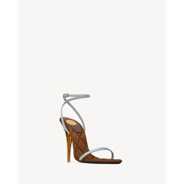 Multicolour Saint Laurent Ivresse Sandals in Satin Crepe and Crystals, Pecan Brown and Topaz, view 4 | Sandals