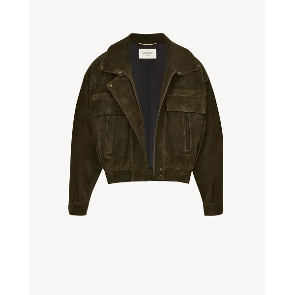 Green Saint Laurent Jacket in Vintage Split Leather, Militaire, view 5 | Leather Jackets
