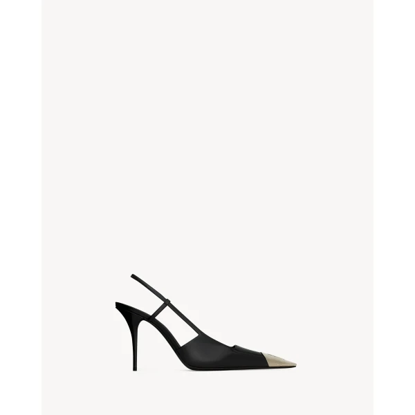 Black Saint Laurent Jeanne Slingback Pumps in Glazed Leather, Black, 90 mm, view 2 | Heels