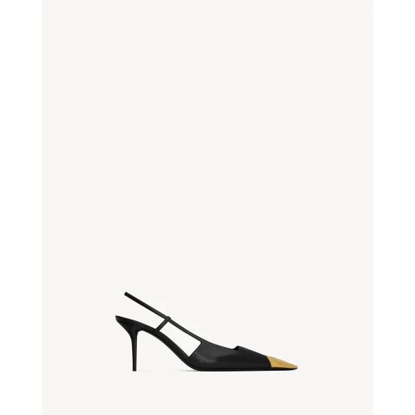 Black Saint Laurent Jeanne Slingback Pumps in Smooth Leather, Black, view 2 | Heels