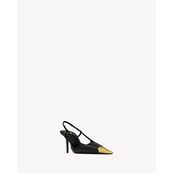 Black Saint Laurent Jeanne Slingback Pumps in Smooth Leather, Black, view 3 | Heels