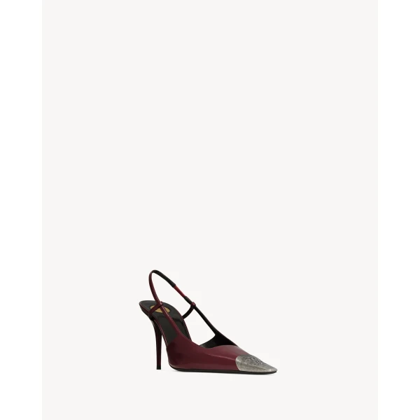 Red Saint Laurent Jeanne Slingback Pumps in Smooth Leather, Vintage Bordeaux, view 3 | Heels