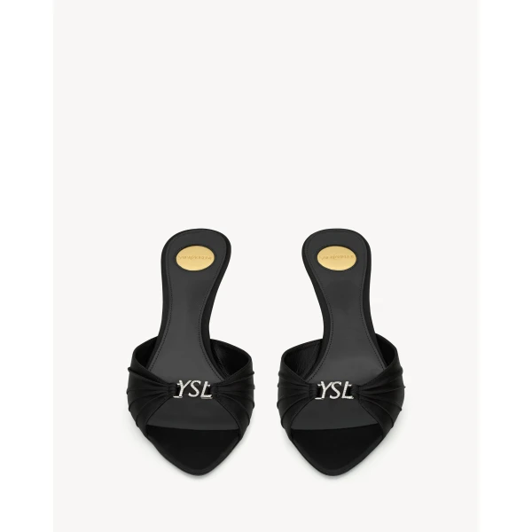 Black Saint Laurent Jerry Mules in Satin Crepe and Rhinestones, view 2 | Mules