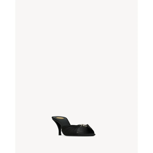 Black Saint Laurent Jerry Mules in Satin Crepe and Rhinestones, view 3 | Mules
