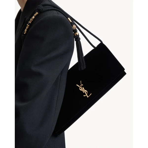 Black Saint Laurent Kate Clutch on Chain in Velvet, view 2 | Clutch Bags