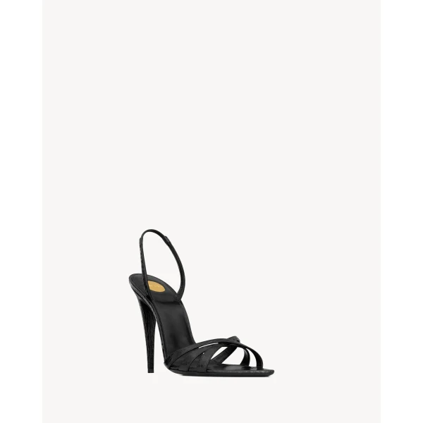 Black Saint Laurent Kate Sandals in Python-Embossed Leather, view 3 | Sandals