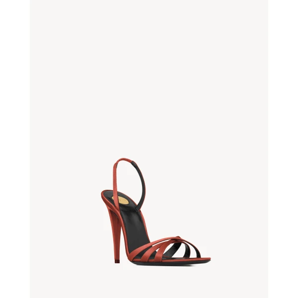 Red Saint Laurent Kate Sandals in Satin Crepe, view 3 | Sandals