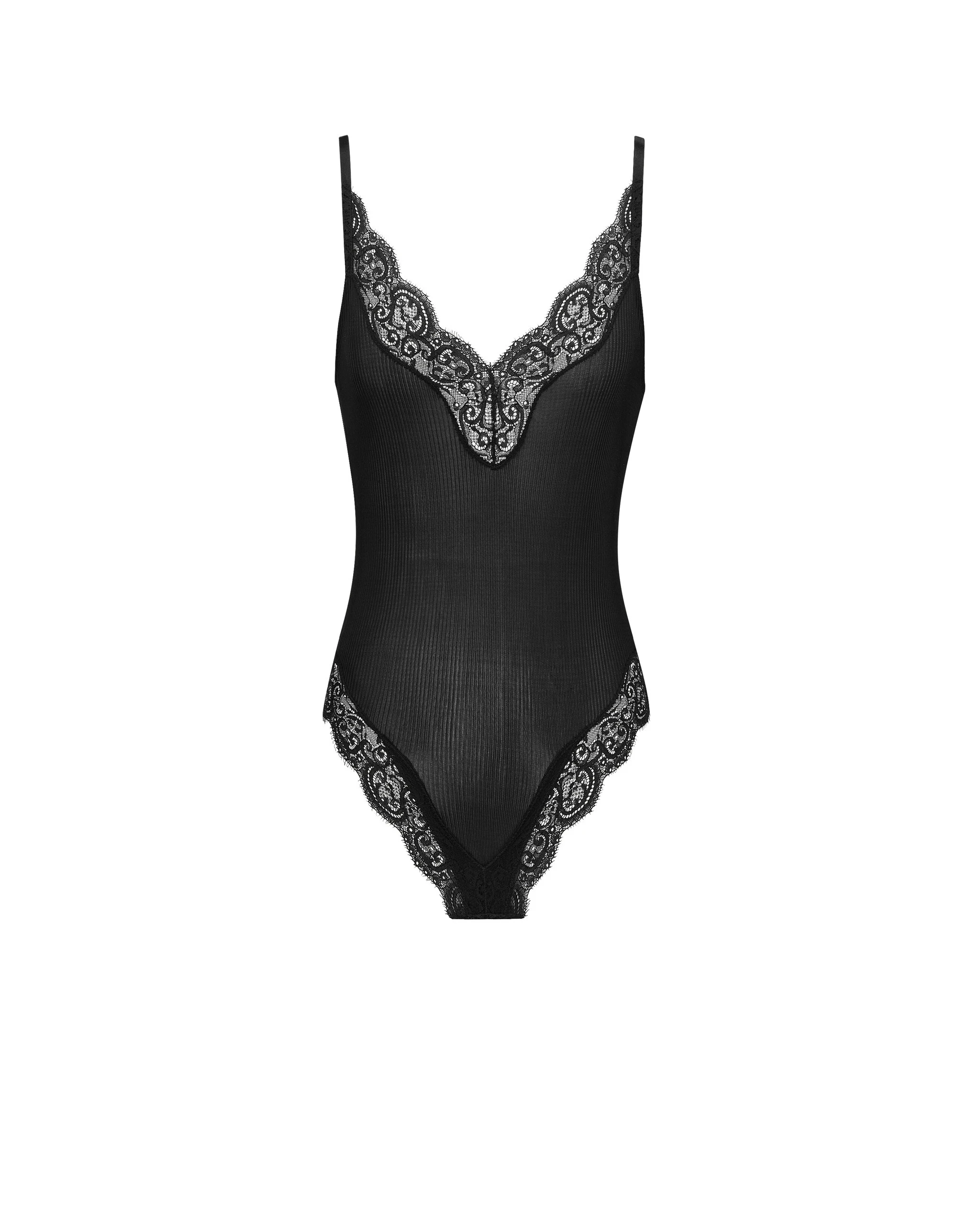 Saint Laurent Laced Bodysuit in Ribbed Silk Jersey Black Saint Laurent Laced Bodysuit in Ribbed Silk Jersey | Bodysuit