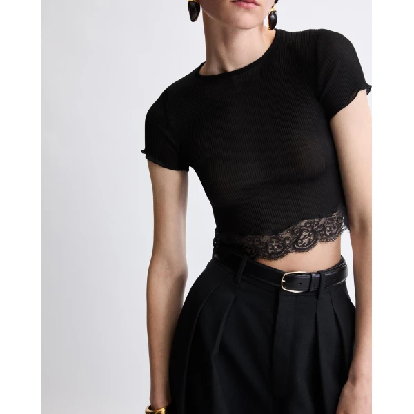Black Saint Laurent Laced T-Shirt in Ribbed Silk, Black, view 2 | T-shirts