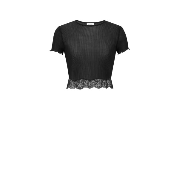 Laced T-Shirt in Ribbed Silk, Black