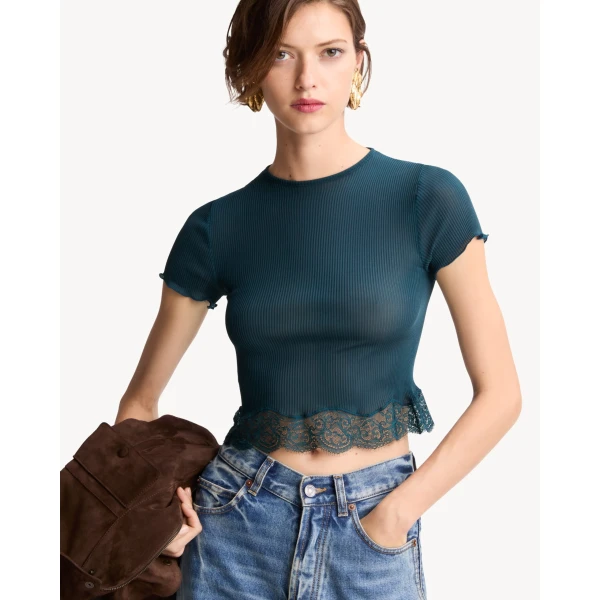 Green Saint Laurent Laced T-Shirt in Ribbed Silk, Vert Iraty, view 2 | T-shirts
