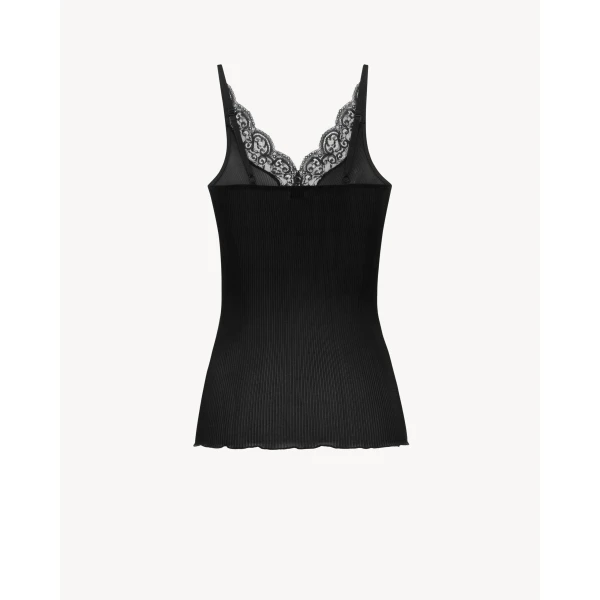 Black Saint Laurent Laced Tank Top in Ribbed Silk Jersey, Black, view 3 | Sleeveless