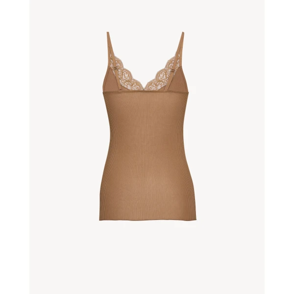 Beige Saint Laurent Laced Tank Top in Ribbed Silk Jersey, Caramel, view 2 | Sleeveless