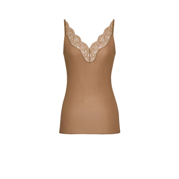 Beige Saint Laurent Laced Tank Top in Ribbed Silk Jersey, Caramel | Sleeveless