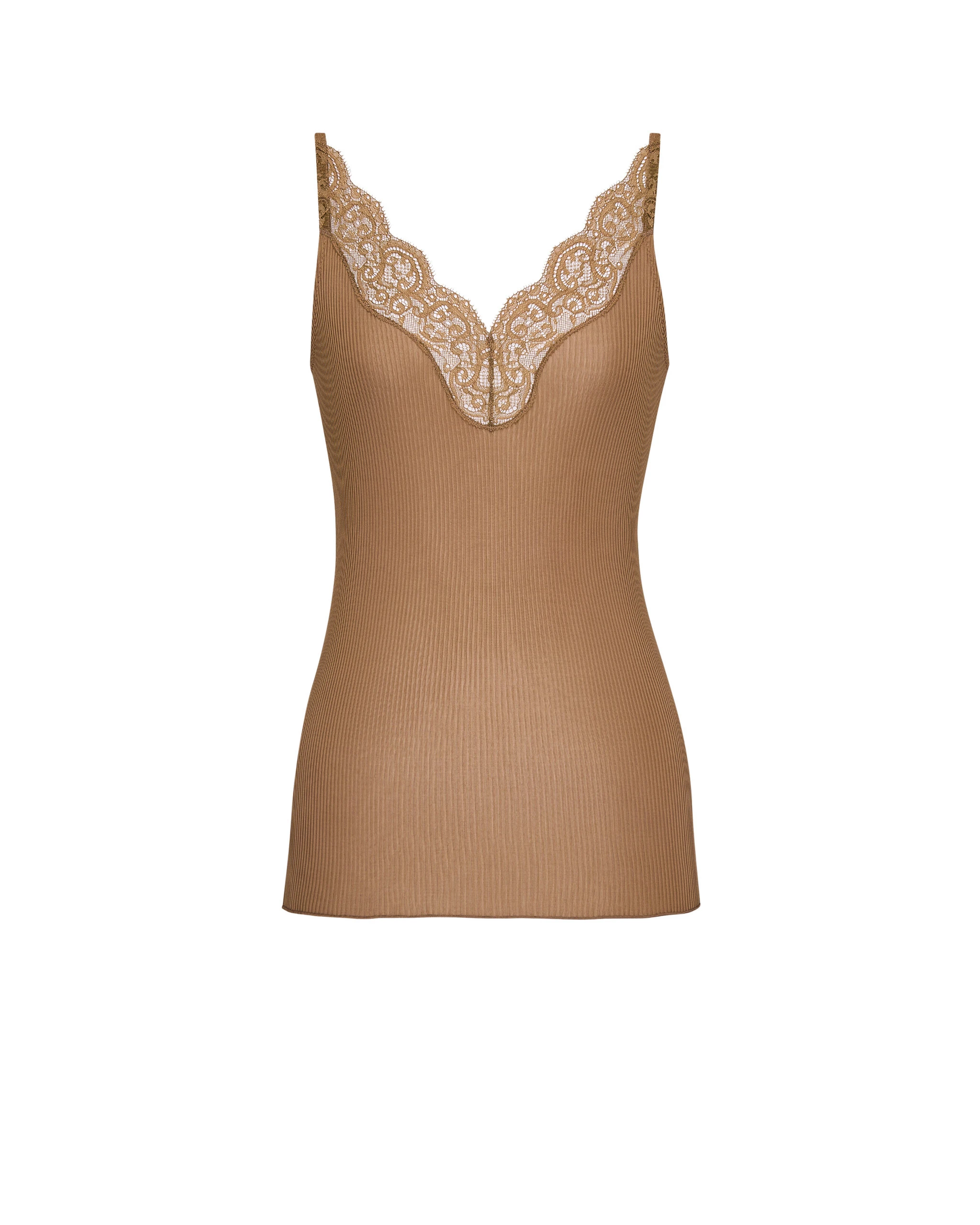 Saint Laurent Laced Tank Top in Ribbed Silk Jersey, Caramel Beige Saint Laurent Laced Tank Top in Ribbed Silk Jersey, Caramel | Sleeveless