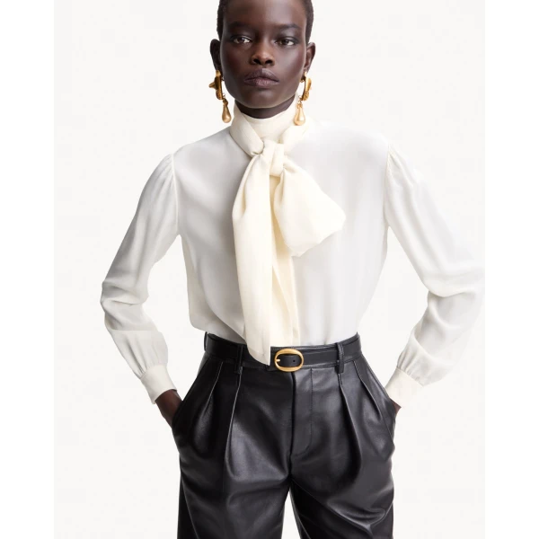 Grey Saint Laurent Lavallière Blouse in Silk Crepe de Chine, view 2 | Blouse