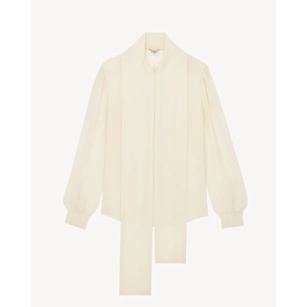 Grey Saint Laurent Lavallière Blouse in Silk Crepe de Chine, view 3 | Blouse