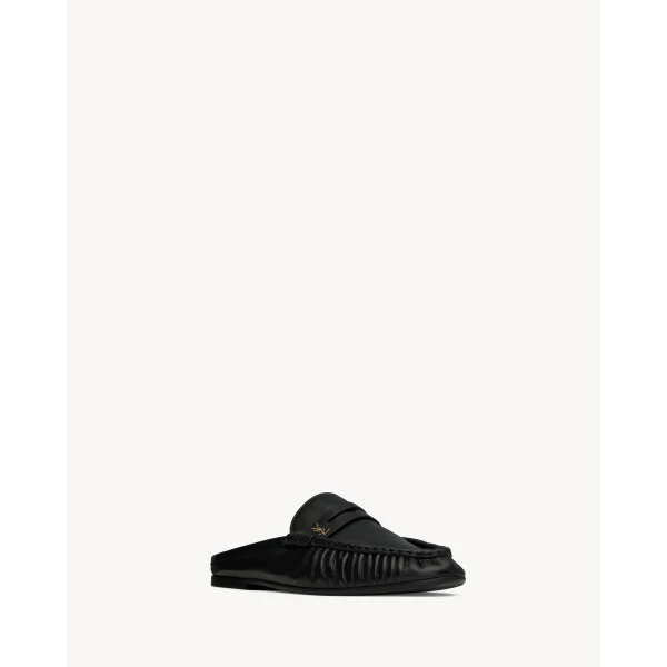 Black Saint Laurent Le Loafer Mules in Shiny Creased Leather, view 3 | Mules
