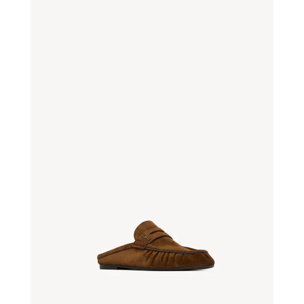 Brown Saint Laurent Le Loafer Mules in Suede, Dark Havana, view 3 | Mules