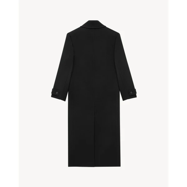 Black Saint Laurent Long Coat in Brushed Cashmere and Wool, Noir Profond, view 2 | Wool Coat