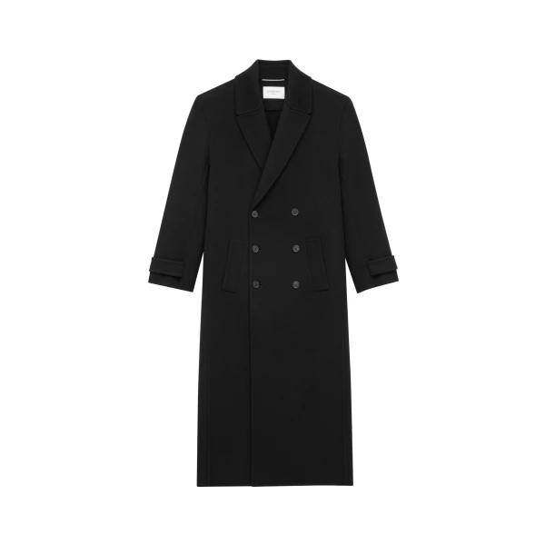 Long Coat in Brushed Cashmere and Wool, Noir Profond