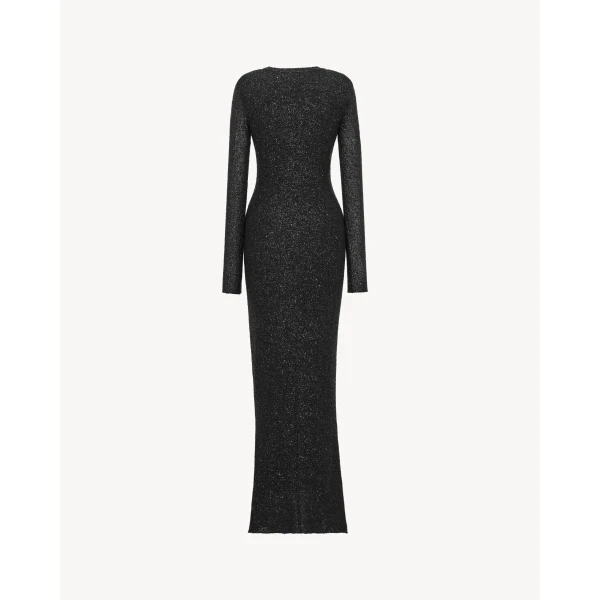 Black Saint Laurent Long Sequin Dress in Metallic Knit, view 3 | Maxi Dresses