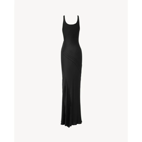 Black Saint Laurent Long Tank Dress in Silk Satin, view 2 | Maxi Dresses