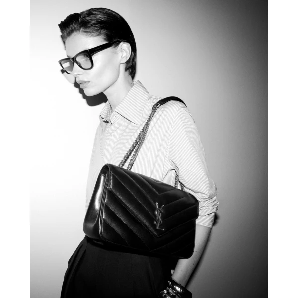 Black Saint Laurent Loulou Medium in Matelassé Lambskin, Black, view 2 | Shoulder & Crossbody Bags
