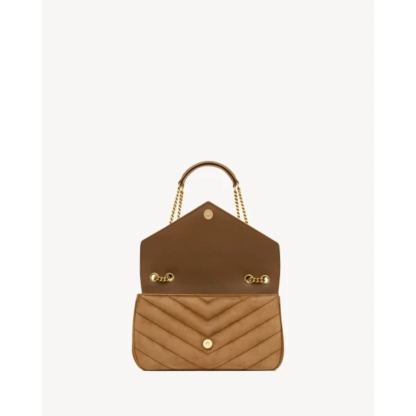 Brown Saint Laurent Loulou Medium in Matelassé Suede, Caramel Cognac, view 5 | Shoulder & Crossbody Bags