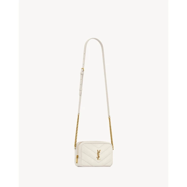 Ivory Saint Laurent Loulou Mini Camera Bag in Lambskin, White, view 4 | Mini Bags