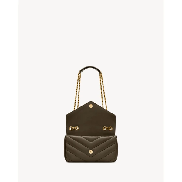 Green Saint Laurent Loulou Small in Matelassé Lambskin, Light Musk, view 4 | Shoulder & Crossbody Bags