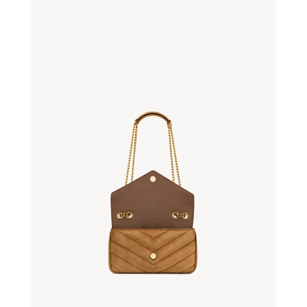 Brown Saint Laurent Loulou Small in Matelassé Suede, Caramel Cognac, view 4 | Shoulder & Crossbody Bags