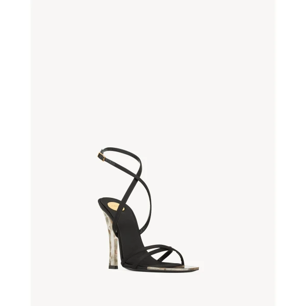Black Saint Laurent Lutetia Sandals in Satin Crepe and Mother-of-Pearl, Black, view 3 | Sandals