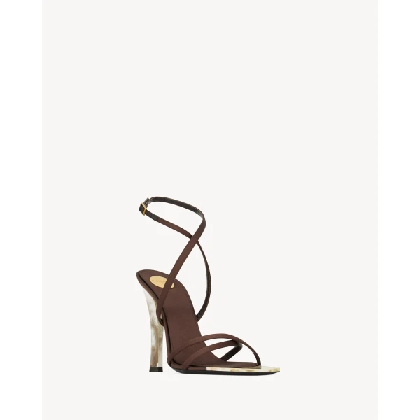 Brown Saint Laurent Lutetia Sandals in Satin Crepe and Mother-of-Pearl, Choco Brown, view 3 | Sandals