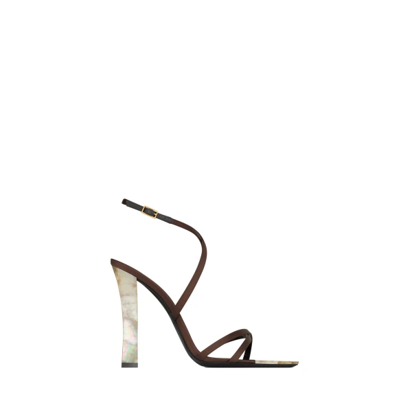 Brown Saint Laurent Lutetia Sandals in Satin Crepe and Mother-of-Pearl, Choco Brown | Sandals