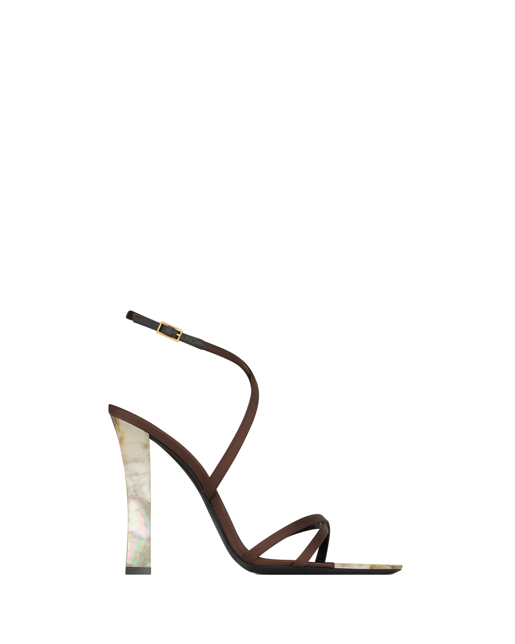 Saint Laurent Lutetia Sandals in Satin Crepe and Mother-of-Pearl, Choco Brown Brown Saint Laurent Lutetia Sandals in Satin Crepe and Mother-of-Pearl, Choco Brown | Sandals
