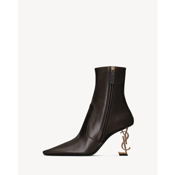 Brown Saint Laurent Opyum Booties in Smooth Leather, view 3 | Boots
