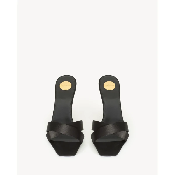 Black Saint Laurent Opyum Mules in Satin Crepe, Black, Spring Summer 2025, view 2 | Mules