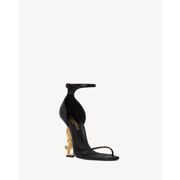 Black Saint Laurent Opyum Sandals in Patent Leather, Black, 110 mm, view 3 | Sandals