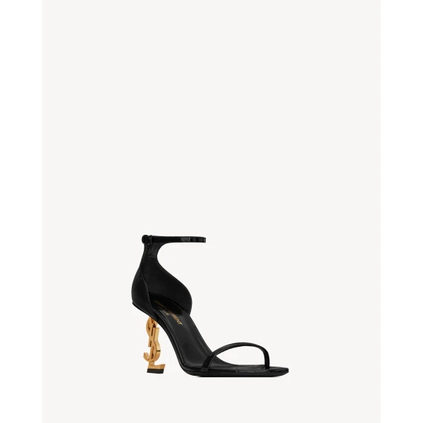 Black Saint Laurent Opyum Sandals in Patent Leather, Black, 85 mm, view 3 | Sandals