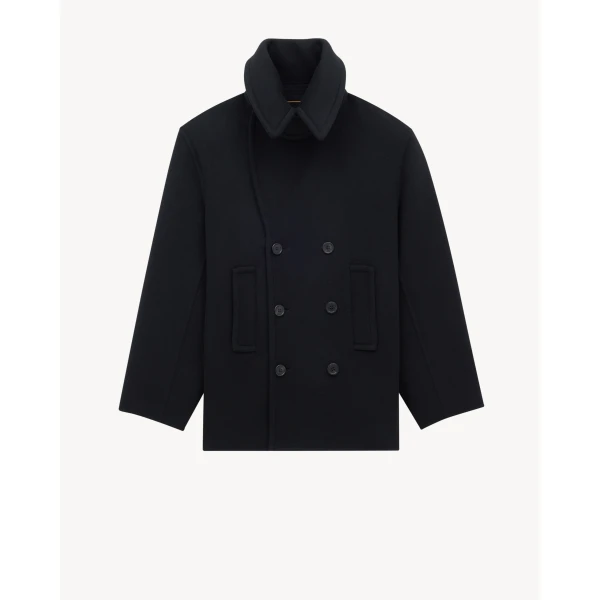 Black Saint Laurent Peacoat in Wool, view 3 | Wool Coat