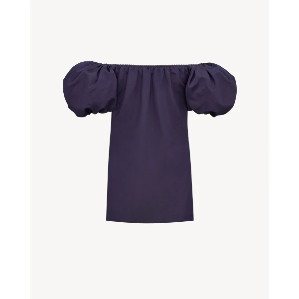 Blue Saint Laurent Puff-Sleeve Mini Dress in Cotton Satin, view 3 | Mini Dresses