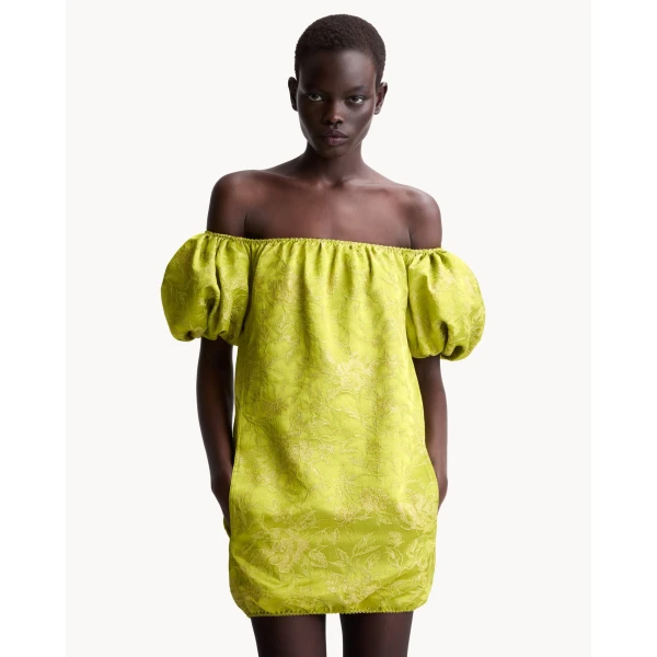 Multicolour Saint Laurent Puff-Sleeve Mini Dress in Duchesse Satin Brocade, view 2 | Mini Dresses