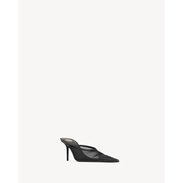 Black Saint Laurent Renée Mules in Mesh, Black, view 3 | Mules