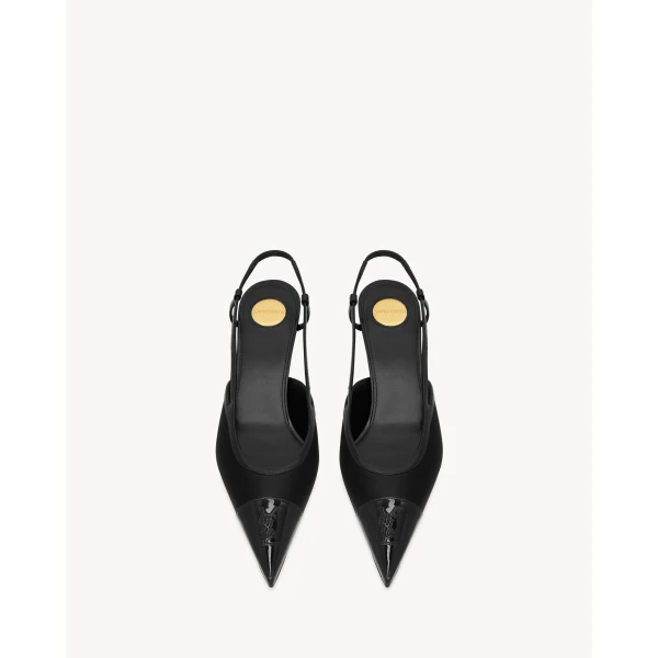 Black Saint Laurent Renée Slingback Pumps in Satin Crepe and Patent Leather, view 2 | Heels