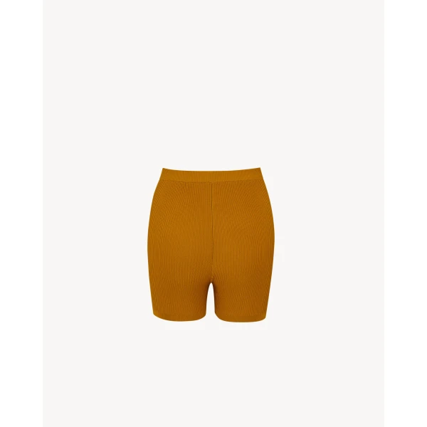 Orange Saint Laurent Rib-Knit Cycling Shorts, Curcuma, view 3 | Shorts