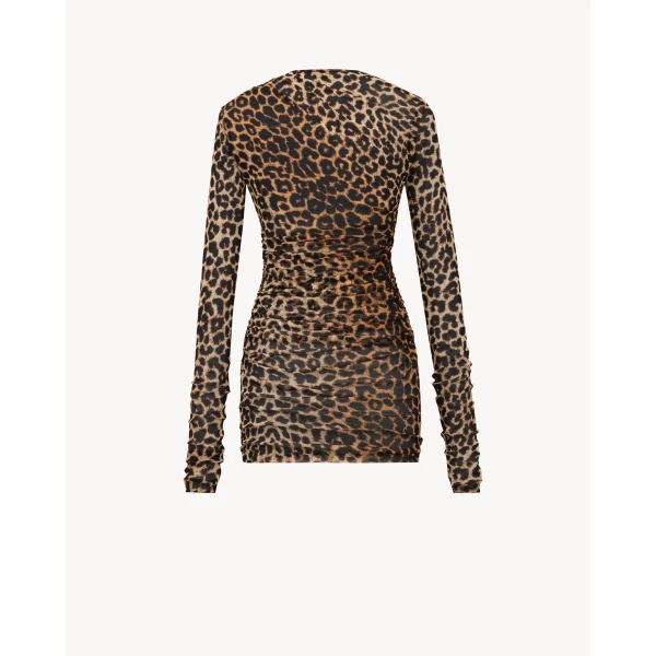 Multicolour Saint Laurent Ruched Mini Dress in Leopard Tulle Jersey, Leopard, view 3 | Mini Dresses