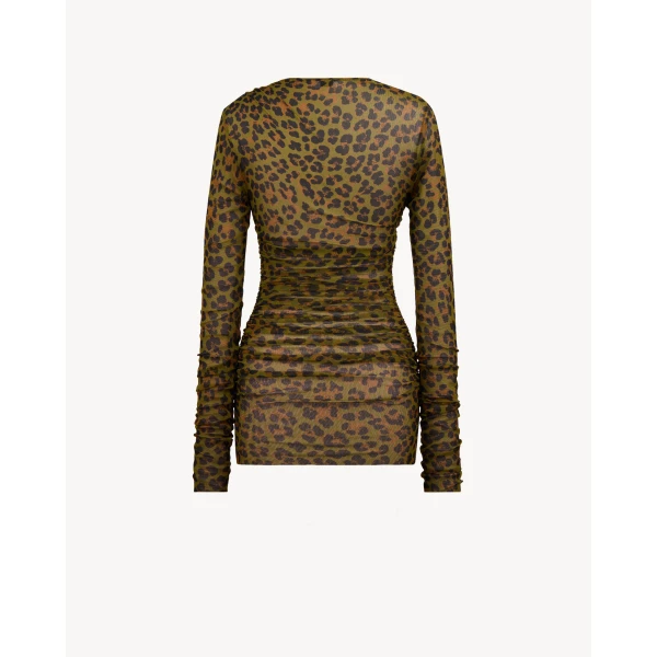 Multicolour Saint Laurent Ruched Mini Dress in Leopard Tulle Jersey, Leopard Print, view 2 | Mini Dresses